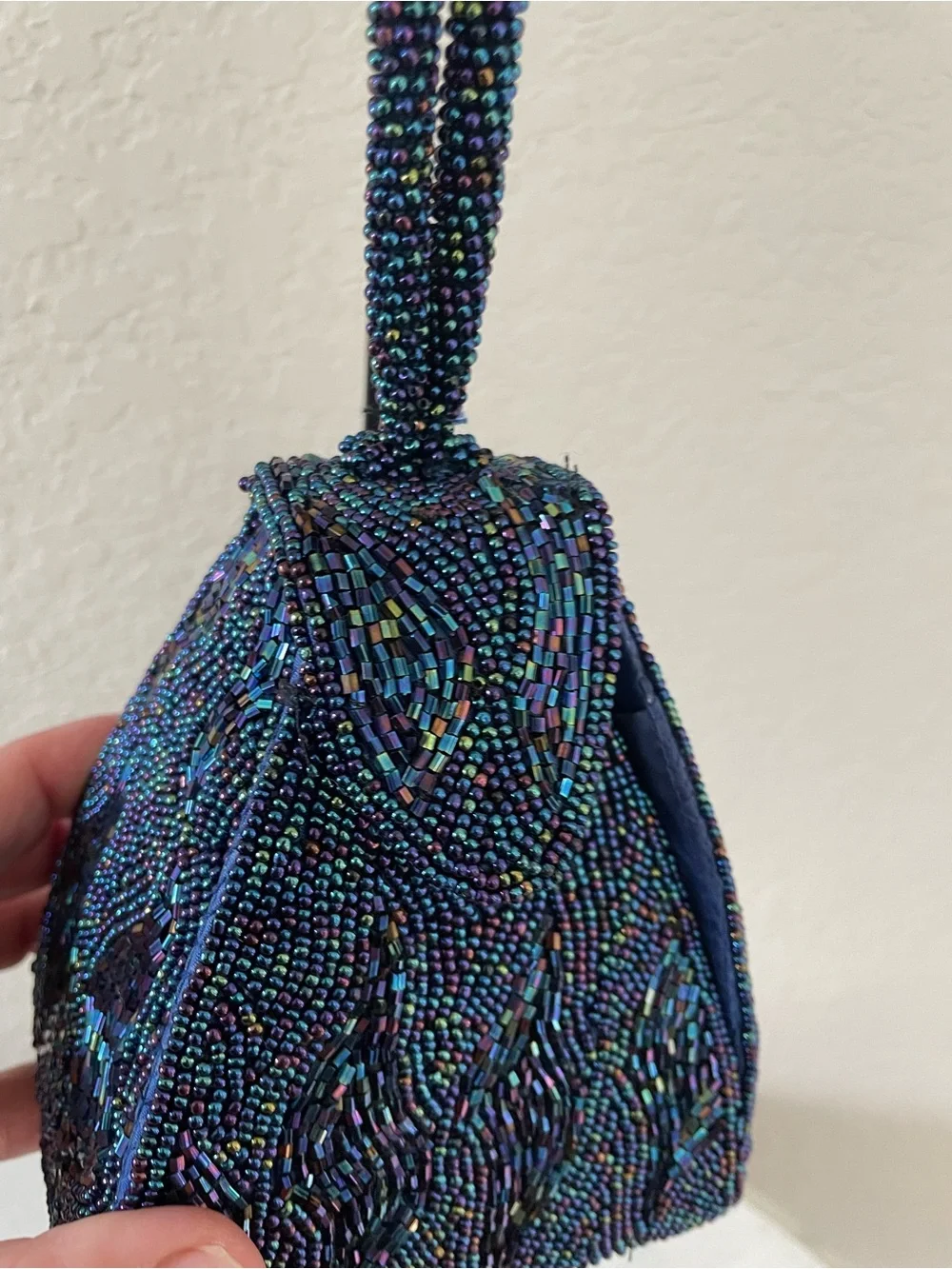 Vintage Hand Beaded Navy Peacock Iridescent Evening Bag Wristlet La Regale Style